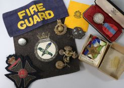 Fire Guard Arm Band World War II, Commando Badge with compass, Military buttons, Imperial Service