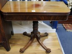 A Regency mahogany folding top tea table, on pillar and quadruple splayed base, W.3ft