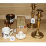 A pair of 18th century brass candlesticks and sundries, including an Aynsley 1919 'Peace' mug and