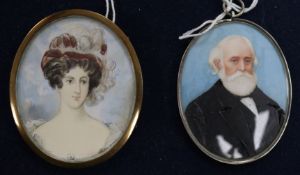 Two portrait miniaturesPortrait of a Edward Arthur Gayer QC, 6.5cm., and a lady wearing a