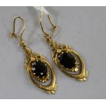 A pair of Victorian style 9ct gold and gem set earrings.