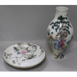 A Chinese famille rose vase and a similar dish 13in. & 10.75in.