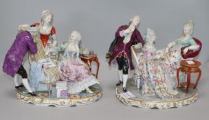 A German porcelain conversation group of three elegant figures and one other similar (cracked)