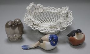 Three Royal Copenhagen birds and a Crown Derby basket