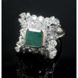 A 19th century style white gold, emerald and diamond cluster ring, of square form with raised