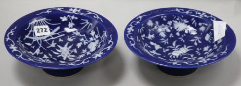 A pair of Chinese white slip decorated blue ground footed dishes W.8.25in.
