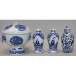 A Chinese blue and white bowl, liner and cover and three vases