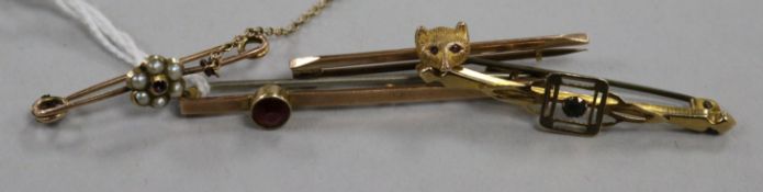 Three 9ct gold bar brooches and a yellow metal bar brooch.