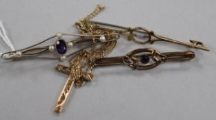 Three early 20th century gold bar brooches including two stamped 9ct and a 9ct gold cross pendant on