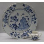 An English delftware blue and white dish, 14in. and a pearlware teapot