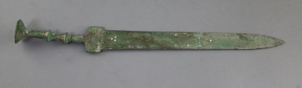 A Chinese wire inlaid bronze sword, Warring States style, the blade with chi-dragon and scroll