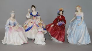 Five Royal Doulton figures, including 'Lilac Time', HN 2137 (designer M. Davies), 'Christine', HN