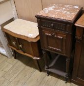 A French marble topped oak bedside cupboard and another low cupboard