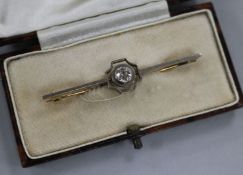 An early 20th century gold, platinum and diamond set bar brooch, in Asprey box, 51mm.
