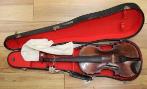 A 19th century violin, with single piece back, stamped 'Aubert' to the bridge, in modern case (split