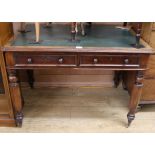 A mid Victorian mahogany two drawer writing table, with green leather inset top, on turned octagonal