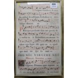 A late 17th century double sided printed sheet of music "In Communi nec Virgine nex Martyre", 16 x