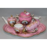 A Sevres style Pompadour pink tete à tete tea service tray 17in.