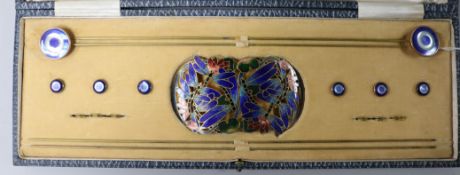 A cloisonne hair clip and a set of hat pins, casedThe property of:Mrs BA Hamilton-Deeley deceased.