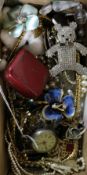 A small group of mainly costume jewellery including a silver fob watch.