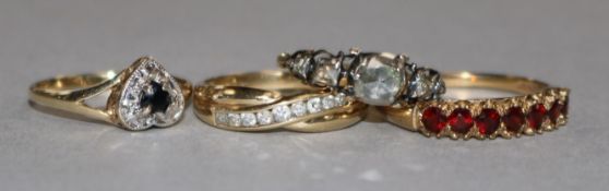 A 19th century gold, silver and rose cut diamond ring and three 9ct rings.