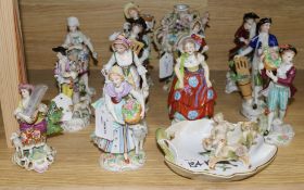 A collection of Continental figures and other porcelain, including four pairs of Sitzendorf figures,