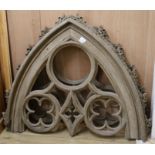 A pair of Victorian oak upper window frame sections of Gothic design, W.4ft 9in. H.3ft 8in.