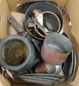 Sundry metalware, including copper pots and pans, pewter plates, an iron cooking pot, etc.