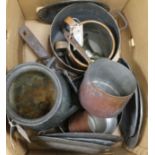 Sundry metalware, including copper pots and pans, pewter plates, an iron cooking pot, etc.