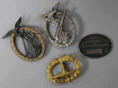 Two Luftwaffe badges, German Identity disc and U boat badge