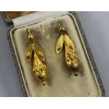 A pair of Victorian gold pear shaped drop earrings, overall 34mm.