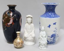 A Japanese cloisonné enamel vase. a Satsuma vase, an Arita type vase and two Chinese blanc-de-