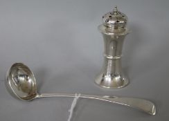 A George V pounce pot and a 19th century Scottish silver cream ladle.