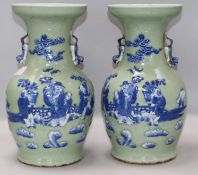 A pair of Chinese underglaze blue and white slip celadon glazed vases, H.35cm