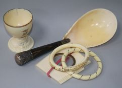 An ivory frame, cup, 2 bangles and silver mounted spoon