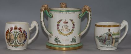 A Copeland George VI Coronation 3 handled commemorative mug and 2 other commemorative mugs (3)