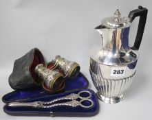 A cased pair of opera glasses, pair of plated grape scissors and a coffee pot