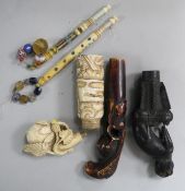 2 lace bobbins, carved umbrella handles and a Japanese perfume bottle