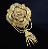 A Victorian 15ct gold tassel drop brooch, of quatrefoil shape with textured decoration, ropetwist