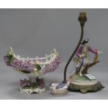 A German porcelain floral encrusted table centre, lamp base and wren H.5-29cm