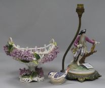 A German porcelain floral encrusted table centre, lamp base and wren H.5-29cm