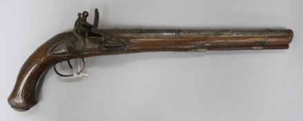 A Turkish engraved white metal-mounted flintlock pistol, 19th century, with faux inscription to lock