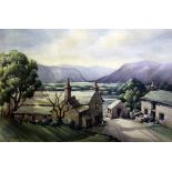 James Charles Middleton (1894-1969)watercolour,Cottages at the head of a valley,signed,14 x 20.5in.