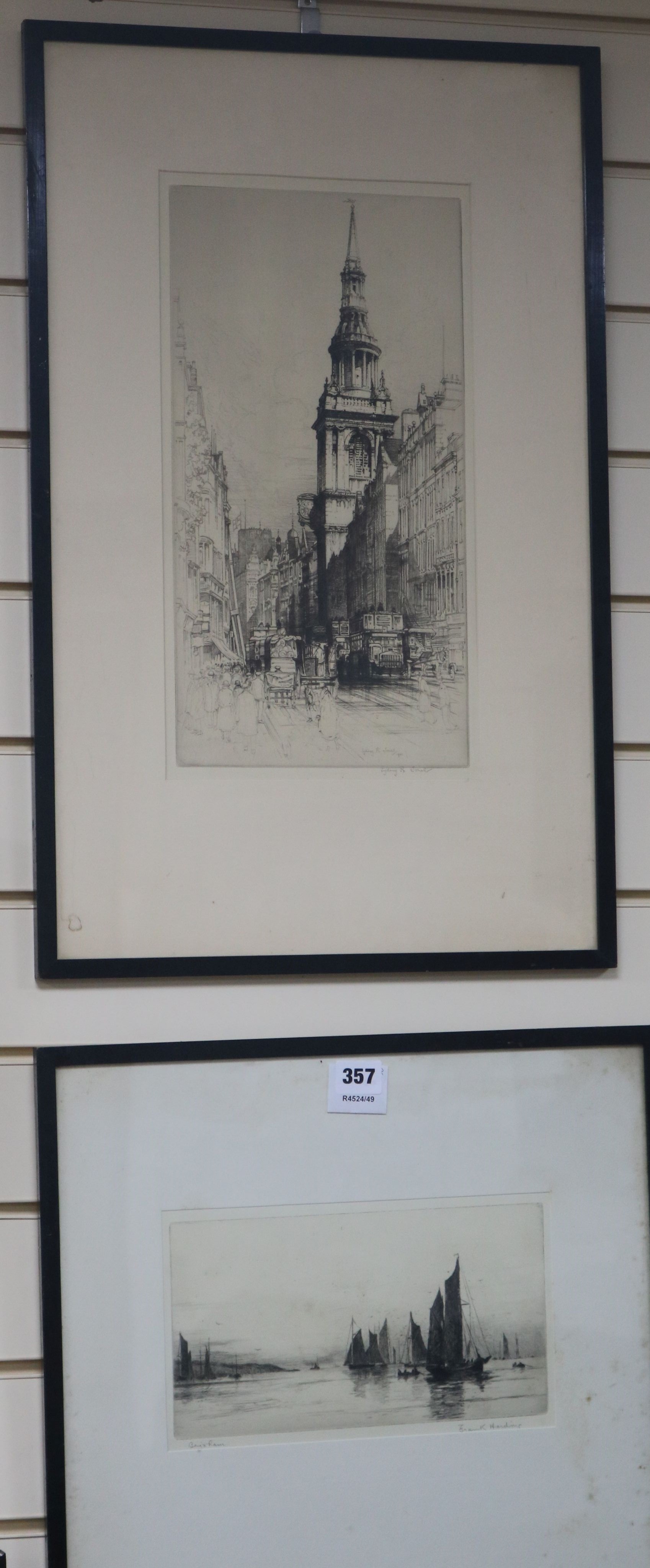 Sydney R. James,Dry point etchingBow Church, Cheapside 15 x 8in. and another,Frank Harding, Brixham,