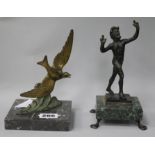 An Art Deco figure of a jay and bronze of Pan 16.5cm, 18.5cm