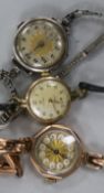 Two lady's 9ct gold wrist watches including one with 9ct gold bracelet and a silver wrist watch.