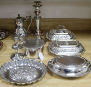 A pair of Sheffield plate candlesticks, a pair entrees, biscuit box etc