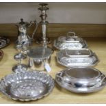A pair of Sheffield plate candlesticks, a pair entrees, biscuit box etc
