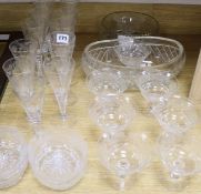 A suite of Steward etched glasses finger bowls and two cut glass vases