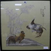 A Japanese embroidered silk picture of cockerels20.5 x 20.5in.